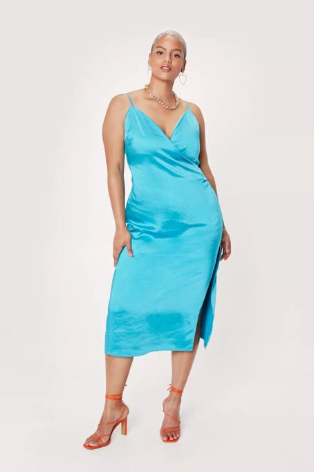 Plus Size Wrap Strappy Satin Midi Dress