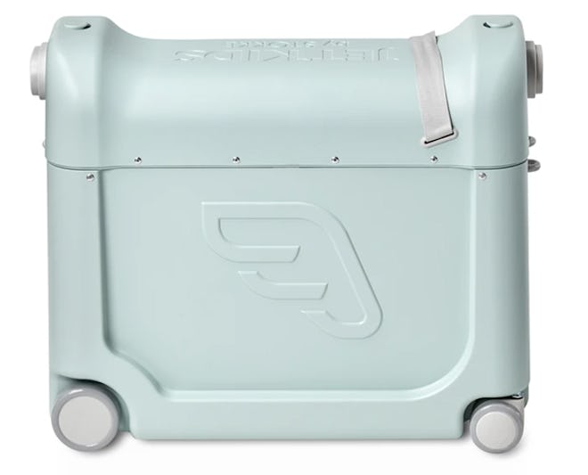 Image of a blue, wheeled kids suitcase that a kid can ride on top off. 