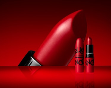 A product image of Mac Cosmetics' Ruby Woo in a new texture.