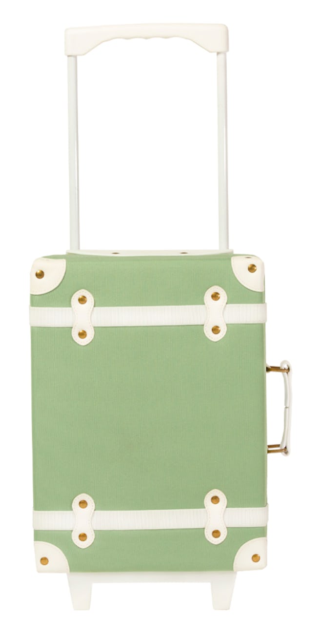 Image of a kid's retro-looking, soft-green suitcase.