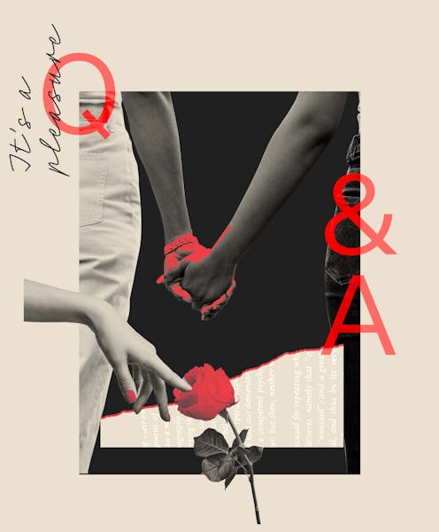 two people holding each others hands with the border template of it's a pleasure in front