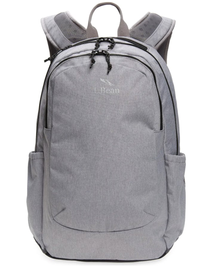 Image of a medium-size gray L.L. Bean backpack with padded shoulder straps.