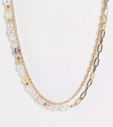 Multirow Necklace With Mixed Chain And Faux Pearls