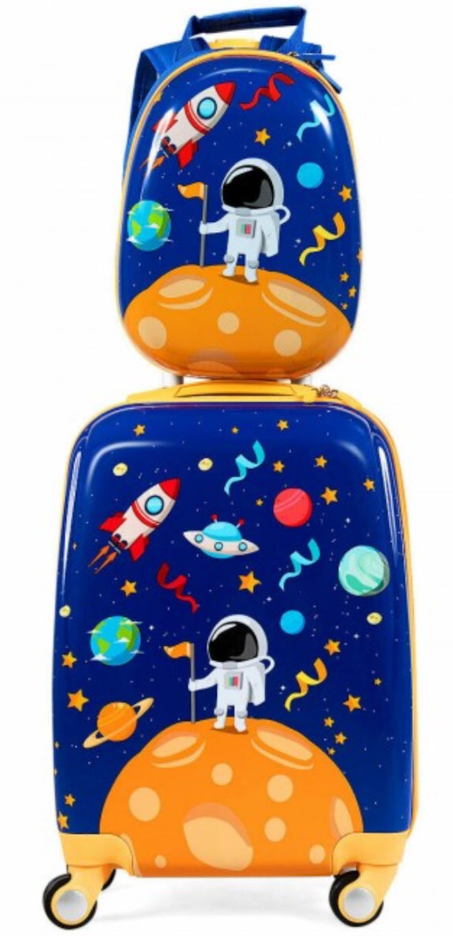 Image of two-piece kids backpack and suitcase set with matching outer-space print.