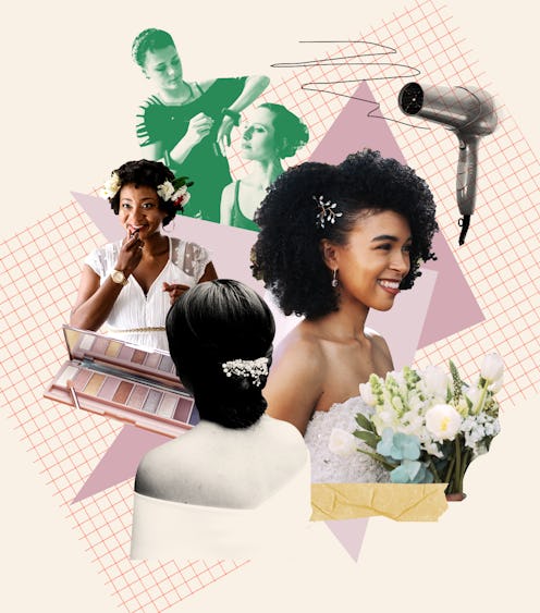 A collage with women having wedding hair and makeup done