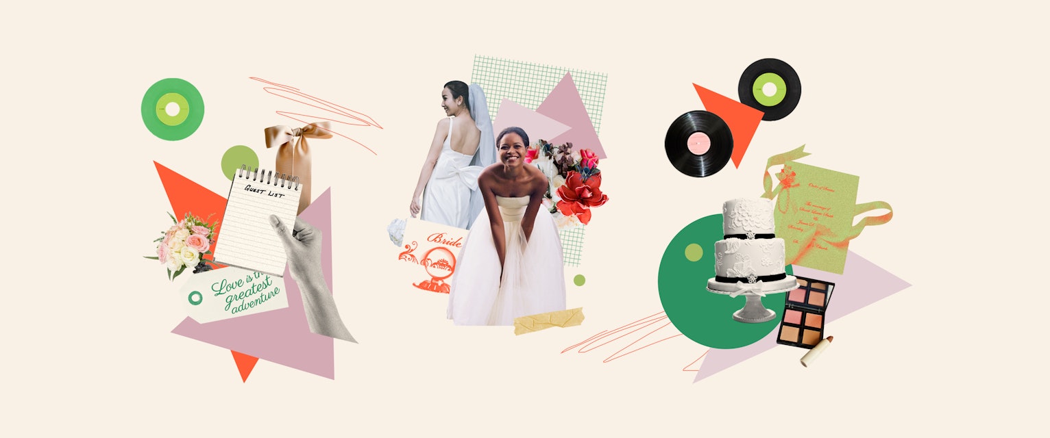 Two brides and a flower bouquet in a collage 