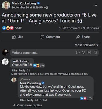 Mark Zuckerberg commenting on Oculus Rift 3 not coming any time soon on Facebook post