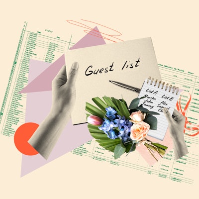Guest list envelope, list in a notebook and a flower bouquet