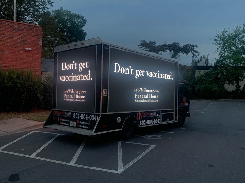 Wilmore Funeral Home fake anti-vax van ad photo from BooneOakley