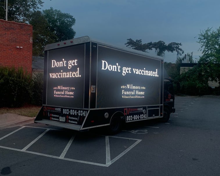 Wilmore Funeral Home fake anti-vax van ad photo from BooneOakley