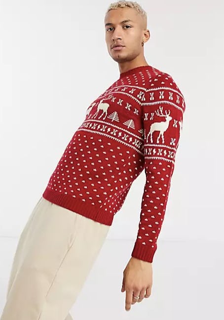 ASOS DESIGN knitted christmas sweater in red reindeer design