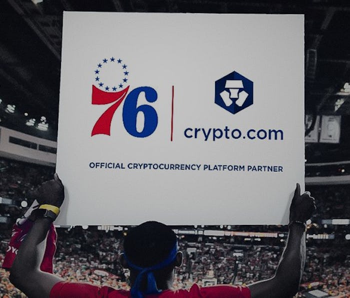 A press photo announcing the partnership between the 76ers and crypto.com