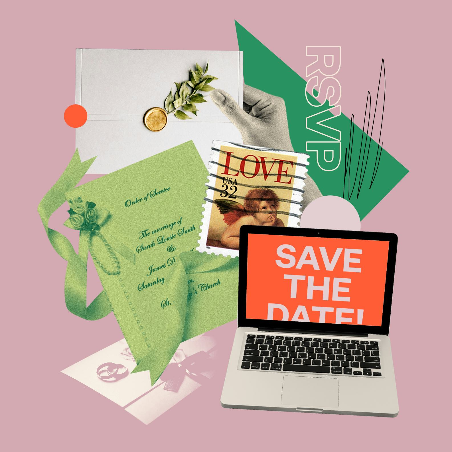 Save the date photo on laptop, and a wedding invitation letter