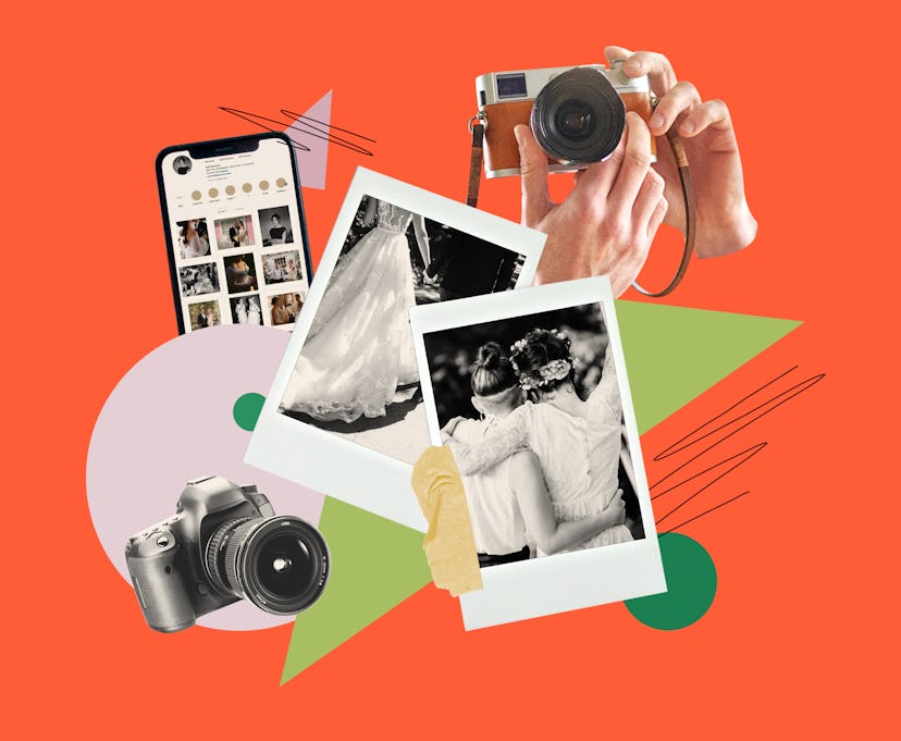 A collage with two polaroid wedding photos, a photographer holding a camera, and an Instagram feed w...