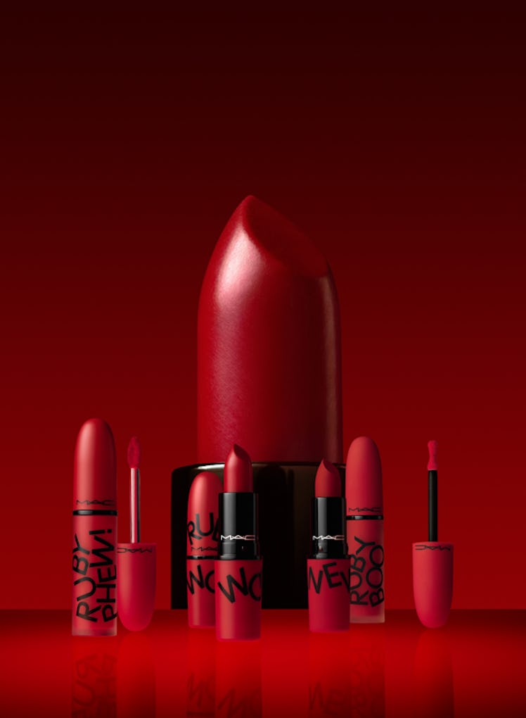 The four new textures of MAC Cosmetics' Ruby Woo's Ruby Crew lipsticks.