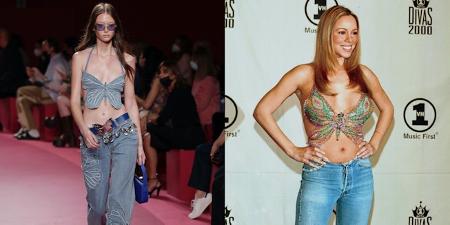 A look from the Blumarine Spring 2022 collection; Mariah Carey at the 2000 VH1 Divas Live concert.