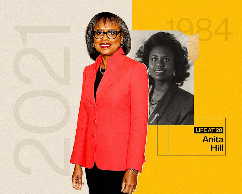 Anita Hill in 1984 next to a picture of her from 2021 wearing a pink blazer