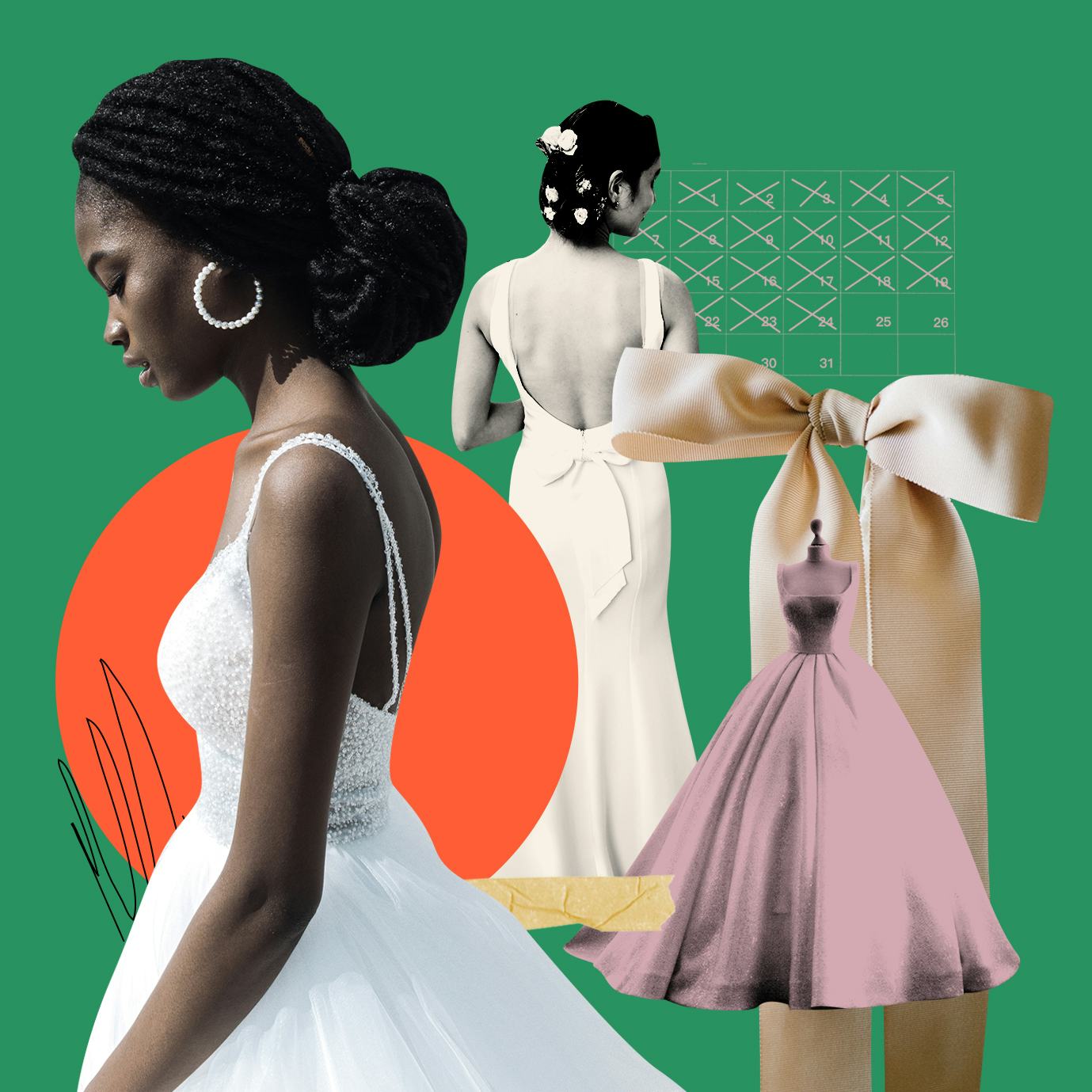 Three wedding dresses, two are white and one is purple