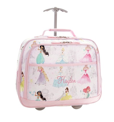Image of small kids wheeled suitcase with Disney Princess pattern.
