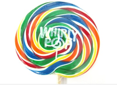 Image of a 5 1/4-inch rainbow "sucker" lollipop.