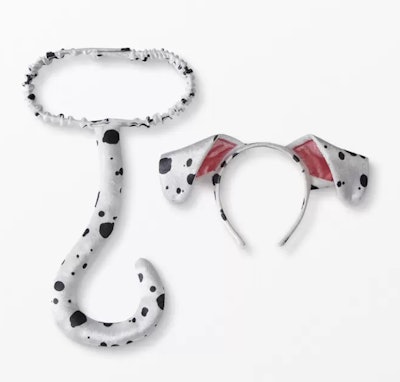 A set of spotted dog-ear headband and tail to create a Dalmatian costume.