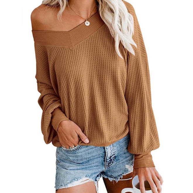 Adreamly V Neck Waffle Knit Pullover Sweater