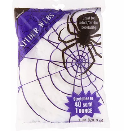 Image of a bag of "spider webbing" used for Halloween decor.