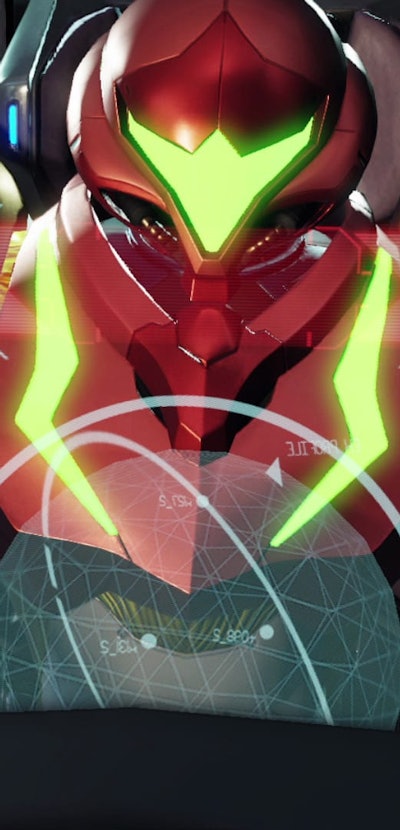 A close-up screenshot of Samus Aran from the Metroid Dread trailer