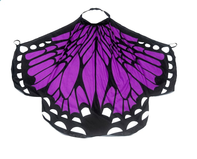 Image of a kid-size purple and black butterfly-wing cape.