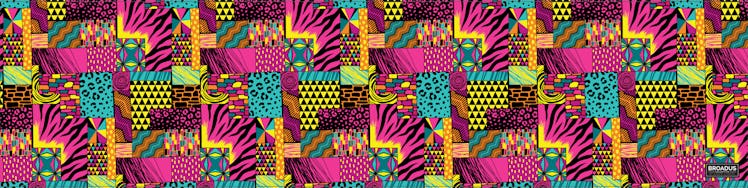 A frame of a Broadus Collection scarf with vibrant and dominating pink, yellow, and turquoise colors...