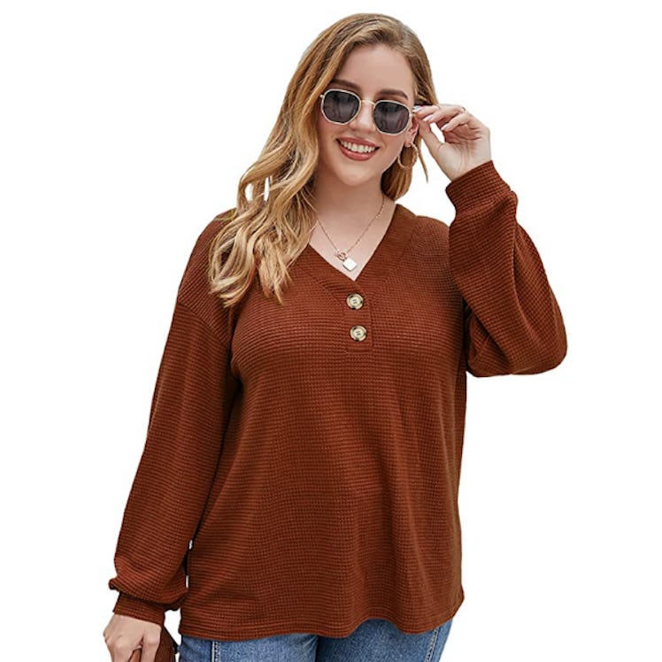 LINJOU Plus Size Waffle Knit Pullover Sweater