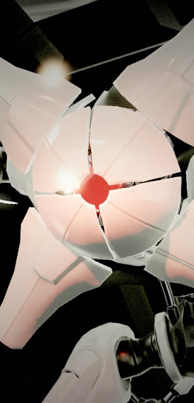 A screenshot of a white robot segment from the Metroid Dread trailer