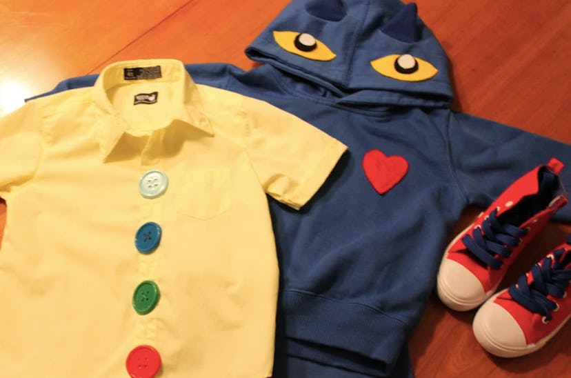 Pete the Cat DIY costume with shirt, hoodie, and shoes.