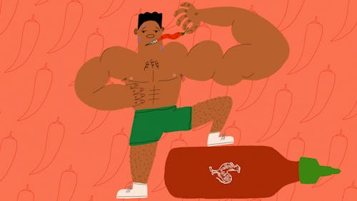 An illustration of a shirtless muscular man biting a spicy pepper while standing on a large bottle o...