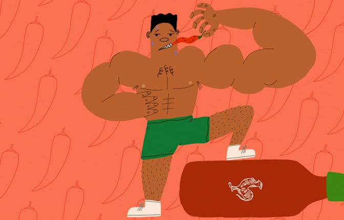 An illustration of a shirtless muscular man biting a spicy pepper while standing on a large bottle o...