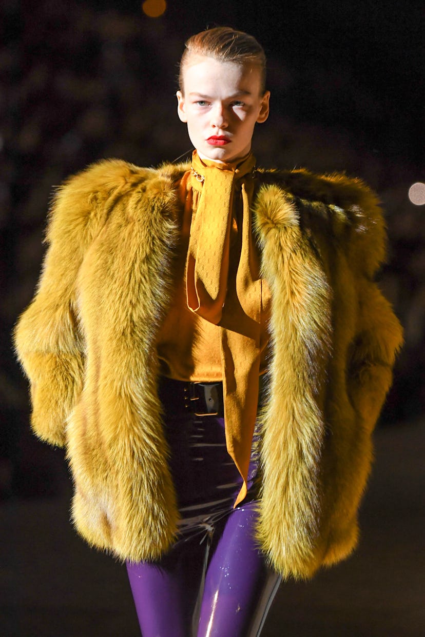model walks the runway during the Saint Laurent show as part of the Paris Fashion Week Womenswear F...