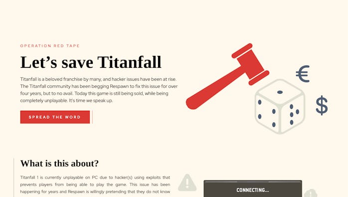 The homepage of SaveTitanfall.com