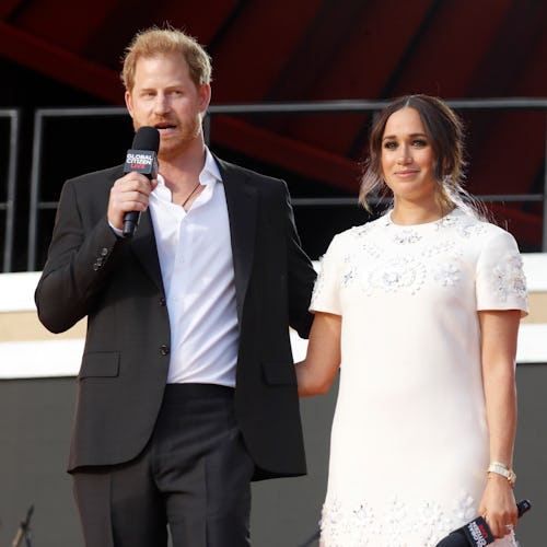 Prince Harry, Duke of Sussex and Meghan, Duchess of Sussex speak onstage during Global Citizen Live,...