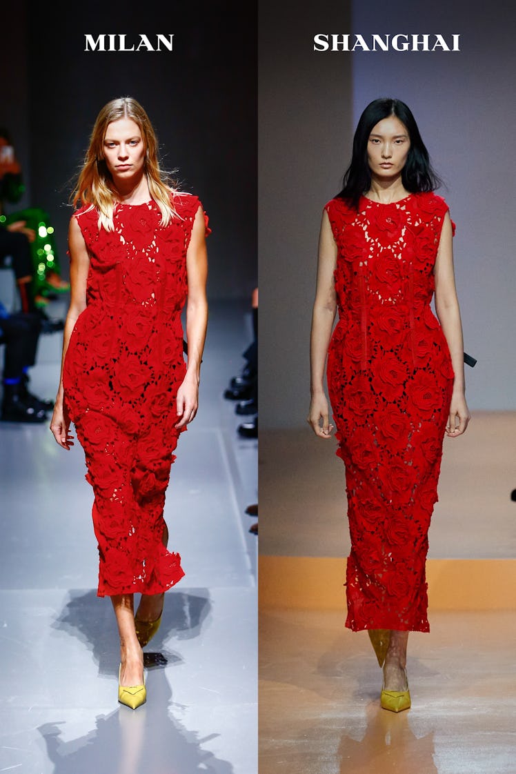 A model on the runway at the Prada Womenswear Spring 2022 fashion show in Milan in a red floral lace...