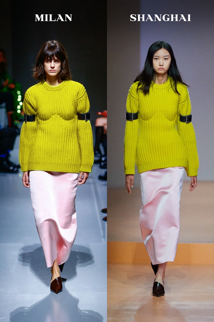 A model on the runway at the Prada Womenswear Spring 2022 fashion show in Milan in a yellow sweater ...