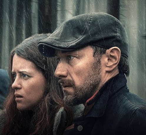 Claire Foy and James McAvoy in character in a still from the film My Son. They look troubled and are...
