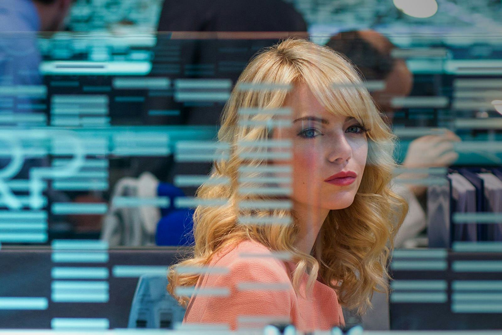 A still from &lsquo;The Amazing Spider-Man 2,&rsquo; with Emma Stone as Gwen Stacy behind a glass wall of inform&hellip;