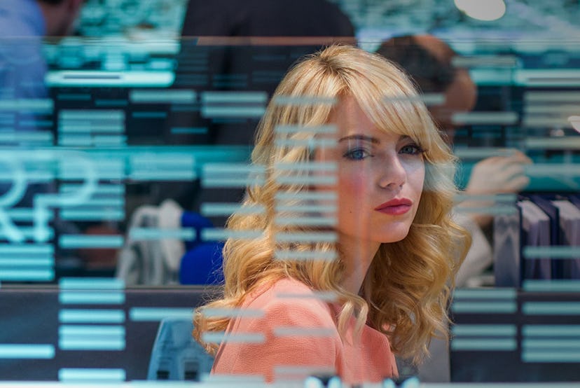 A still from 'The Amazing Spider-Man 2,' with Emma Stone as Gwen Stacy behind a glass wall of inform...