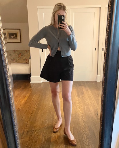 Style your ballet flats for fall with a sweater and shorts