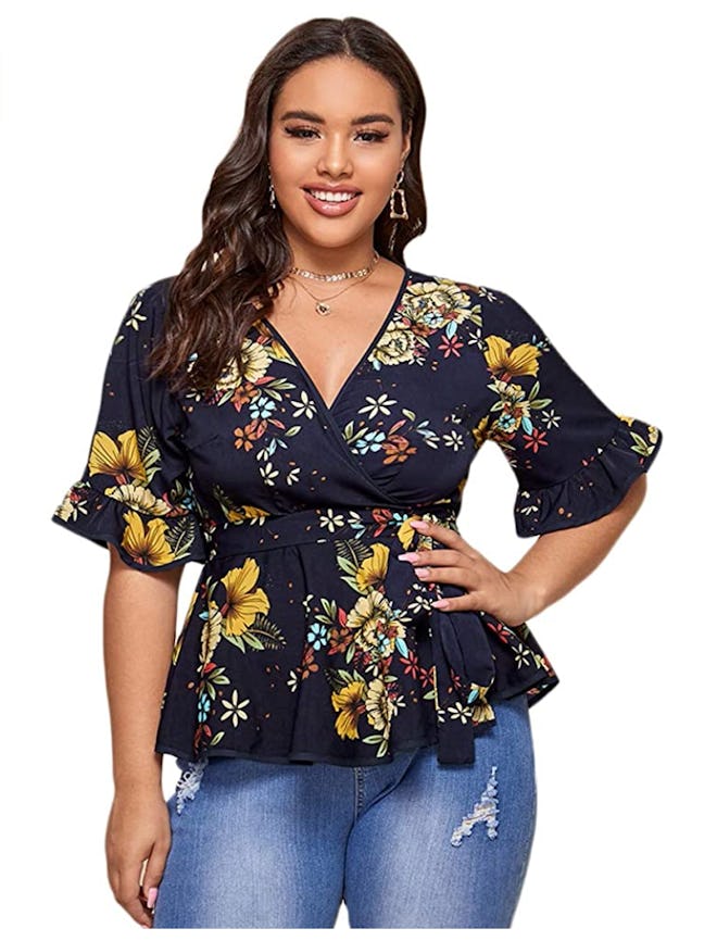 Romwe Floral Print Peplum Wrap Blouse