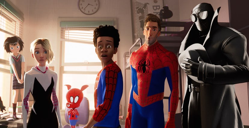 A still from 'Spider-Man: Into the Spider-Verse' with the multitude of Spider-People from different ...