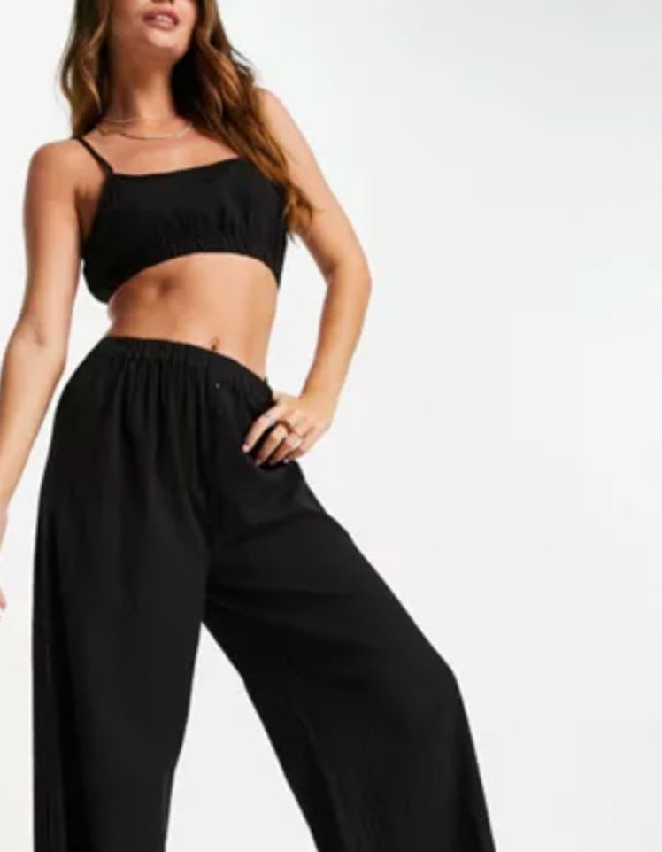 Topshop Textured Cami Crop & Bottom PJ Set in Black