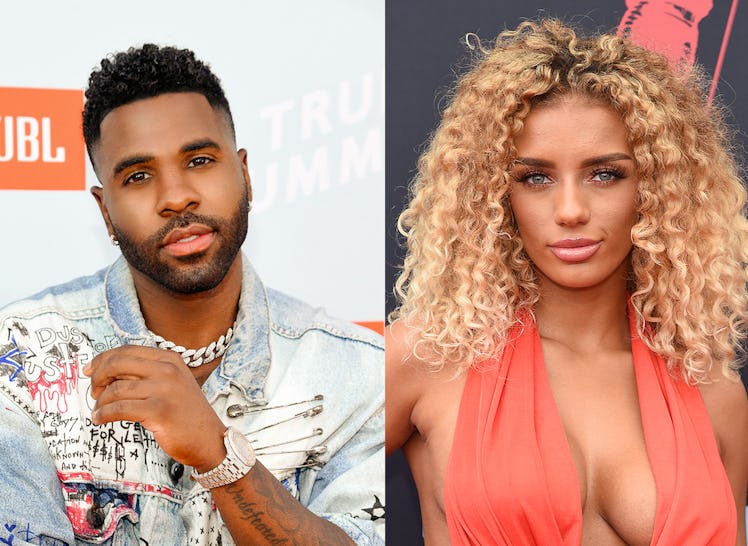 A two-part collage with Jason Derulo in a blue denim jacket and Jena Frumes in a coral dress