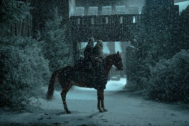 Henry Cavill as Geralt and Freya Allan as Ciri on Roach in The Witcher Season 2