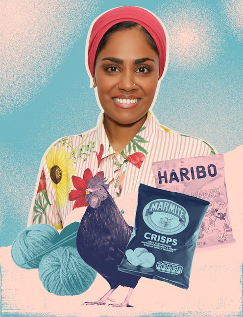 Chef Nadiya Hussain next to cotton strings, a chicken, crisps and Haribo candy